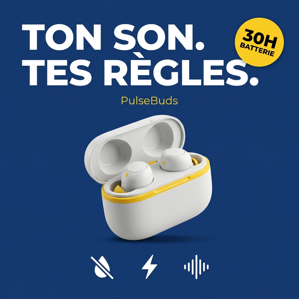 Publicité produit générée par IA pour des écouteurs sans fil